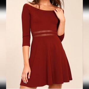 Lulus Yes to the Mesh Wine Red Skater Dress. Size M (B6)